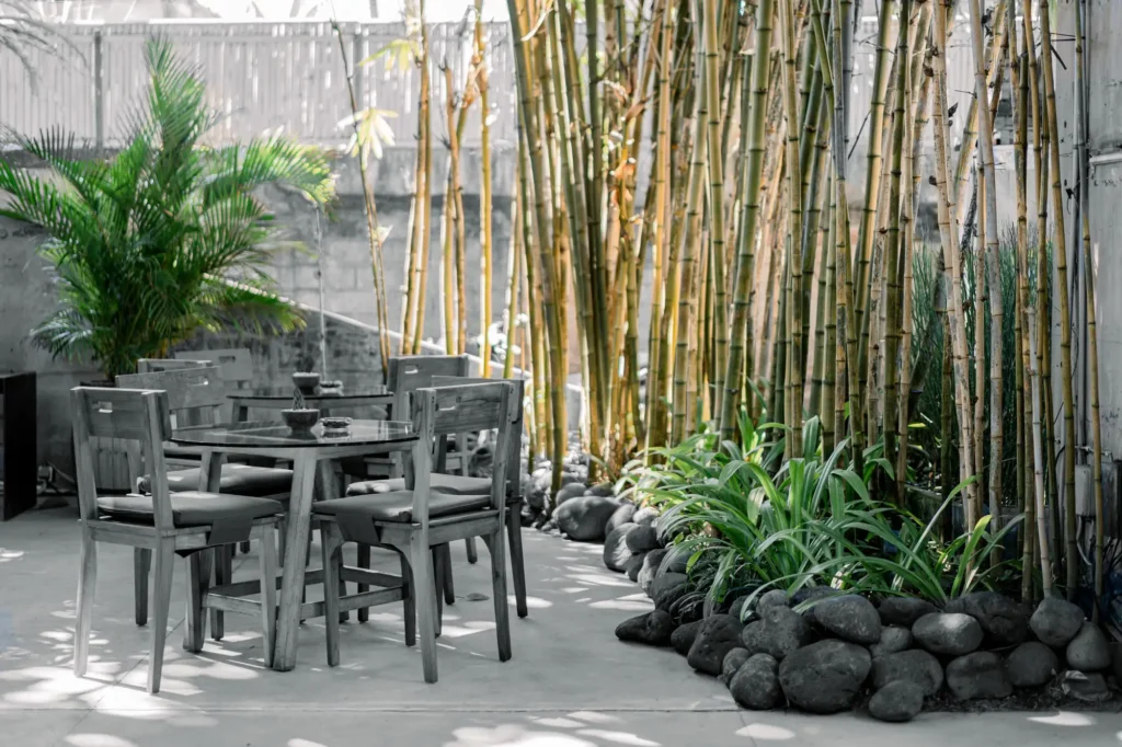 A serene outdoor seating area features a round wooden table surrounded by chairs.