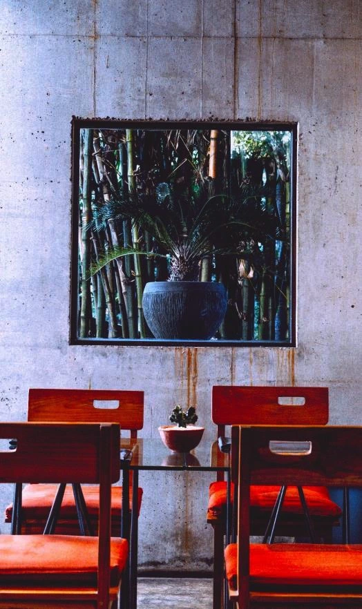 A modern dining room with a concrete wall, featuring a wooden table and chairs with red cushions.