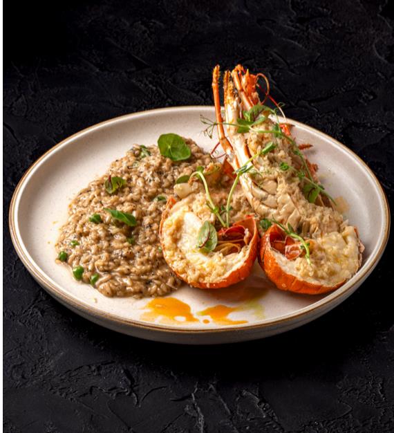 Creamy risotto served alongside grilled lobster tails, garnished with microgreens on a rustic plate against a dark background.