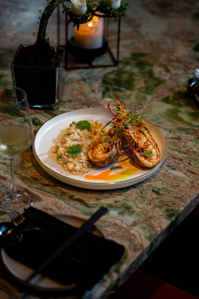 A gourmet plate featuring grilled lobster atop creamy risotto, garnished with herbs, and accompanied by a glass of white wine on a marble table.
