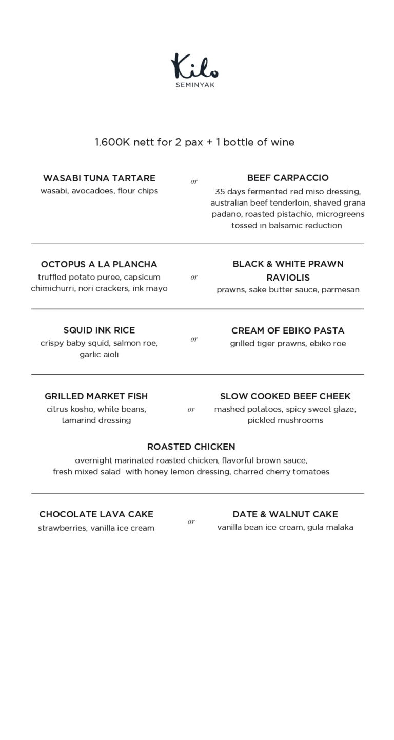 Kilo Menu Kilo Seminyak Set Menu: Best Romantic Dinner in Bali