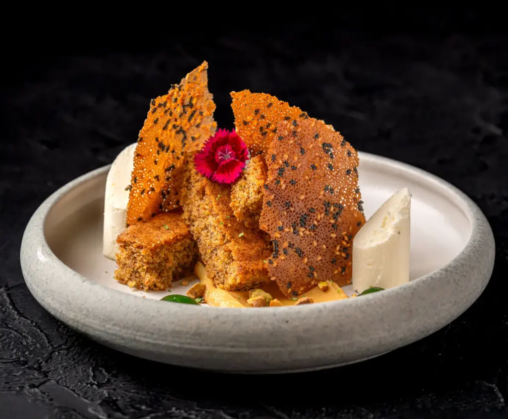 Pistachio Cake dessert with parmesan custard at Kilo Kitchen Bali