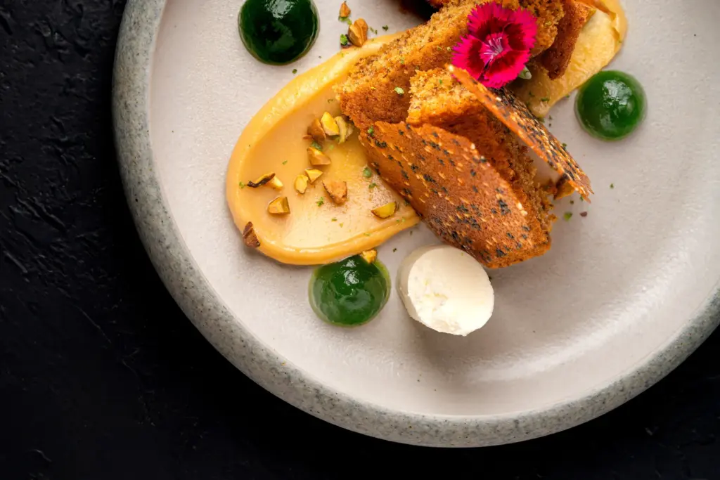 Pistachio Cake with sesame crisp and lemon parfait, Kilo Kitchen Bali dessert